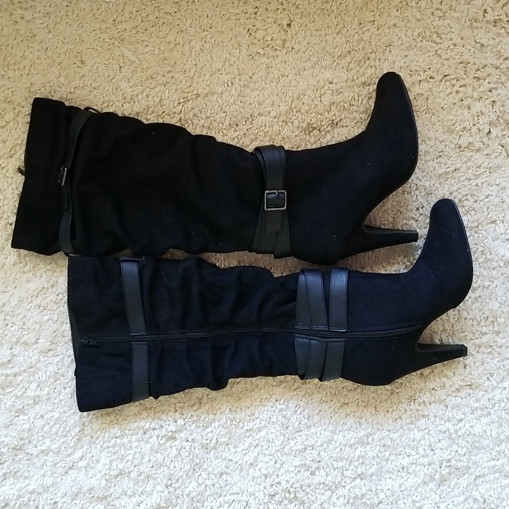 Black knee high fashion boots, faux suede with faux leather trim super cute